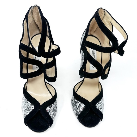 JIMMY CHOO Silver Sequin Black Suede Cut Out Temptress Stiletto Heels 37.5 - Picture 3 of 11